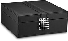 Load image into Gallery viewer, Glenor Co Ring Organizer Box - 108 Slot Classic Jewelry Display Holder - 2 Storage Trays with Modern Buckle Closure, Large Mirror - Holds Rings and Cufflinks - PU Leather Case - Black