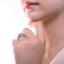 Load image into Gallery viewer, BERRICLE Rhodium Plated Sterling Silver Canary Yellow Cushion Cut Cubic Zirconia CZ Statement 3-Stone Cocktail Anniversary Fashion Right Hand Ring Size 7