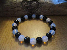 Load image into Gallery viewer, 925 sterling silver good luck gift 8mm Multi Colour Moonstone and Black Onyx stacking Bracelet Round, Smooth 18cm for mens, womens, gf, bf and adults.
