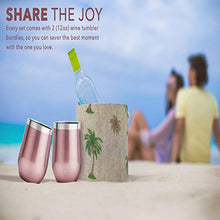 Load image into Gallery viewer, Carpe 12 oz Stemless Insulated Wine Glass Tumbler with Sliding Lid and Straw, Spill Proof Stainless Steel Double-Wall Wine Tumbler Cups for Champaign, Cocktail, Coffee, Drinks, Set of 2 (Rose Gold)