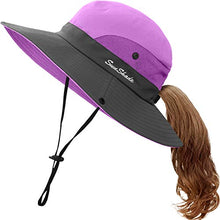 Load image into Gallery viewer, Kids UV Sun Hat with Ponytail Hole UPF 50 Bucket Cap for Girls Summer Beach & Fishing (S:2-5T(Head circumferences 19"-20.6"), Purple)