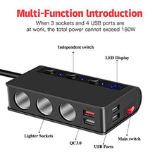 Load image into Gallery viewer, Amiss 3-Socket Car Power DC Outlet with 4USB Cigarette Lighter Adapter, 180w 12v/24v, Quick Charge 3.0 Car Charger with LED Voltage Display, Upgraded On Off Switch, Car Interior Accessories - Black