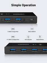 Load image into Gallery viewer, UGREEN USB 3.0 Switch Selector 4 Port 2 Computers Peripheral Switcher Adapter Hub for PC Printer Scanner Mouse Keyboard with One Button Switch and 2 Pack USB Male Cable