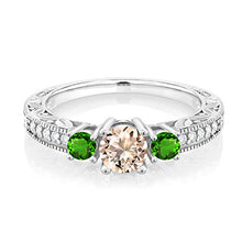 Load image into Gallery viewer, Gem Stone King 0.81 Ct Round Peach Morganite Green Simulated Tsavorite 925 Sterling Silver Ring (Size 8)