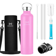 Load image into Gallery viewer, OMORC 316 Stainless Steel Water Bottle-34oz,Double Wall Vacuum Insulated Water Bottle,Stay Cold for 48 Hrs,Hot for 24 Hrs, Wide Mouth Thermo Travel Sports Water Bottle with Straw and 2 Lids-Pink