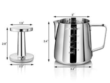 Load image into Gallery viewer, New Star Foodservice 28829 Commercial Grade Stainless Steel 18/8 12 oz Frothing Pitcher and Die Cast Aluminum Tamper Combo Set, Silver