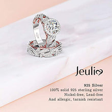 Load image into Gallery viewer, Jeulia 4 Carat Leaf Rings for Women 925 Sterling Silver 18 K Rose Gold Plated Round Cut Engagement Ring Set White Diamond Halo Cubic Zirconia Wedding band CZ Solitaire Anniversary Promise Rings (7)