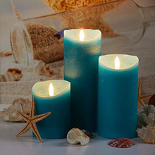Load image into Gallery viewer, glowiu Teal Candle Pillar Realistic Wick Battery Operated Candles Set of 3 Single Slim Sphere Turquoise Candles Electric Home Decor with 10-Key Remote Multi-Function (3, H 4"6"8" x D3")