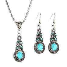Load image into Gallery viewer, Vitaltyextracts Water Drop Shaped Bohemian National Style Turquoise Alloy Necklace and Earrings Set (Silver)