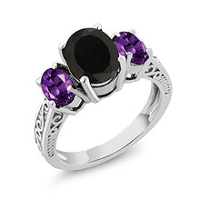 Load image into Gallery viewer, Gem Stone King 2.53 Ct Oval Black Onyx & Purple Amethyst 925 Sterling Silver 3-Stone Gemstone Women's Ring (Size 5)