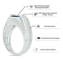 Load image into Gallery viewer, Diamond Accent Blue Topaz Men�s Ring in 925 Sterling Silver, Men�s 8mm Genuine Blue Topaz and Diamond Accent Polished Shank Ring, Modern Silver Blue Topaz Ring for Men, SZ-10
