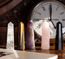 Load image into Gallery viewer, Premium Set of Five Large 3" Crystal Wands - Clear Quartz, Amethyst, Rose Quartz, TIgers Eye, Black Obsidian Crystals and Healing Stones - Fully Charged - Ready for Use/Display in Home or Office Decor