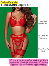 Load image into Gallery viewer, Kaei&Shi Garter Belt Thong Lingerie for Women,Strappy Hollow Out Sexy Lingerie,Underwire Mesh Sheer Matching 4 Piece Lingerie Set Valentine Day Red Medium
