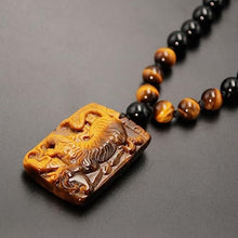 Load image into Gallery viewer, Natural Crystal Tigers Eye Necklace - Black Obsidian Beaded Protection Necklace, Hand Carved Tiger Necklace Lucky Amulet Gift for Men