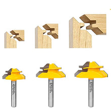 Load image into Gallery viewer, MNA 45 Degree Lock Miter Router Bit 3-Piece Set, for 1/2”, 5/8”, 3/4” Cutting Height, 1/4 Inch Shank. Easy to Create Lock Miter Joint