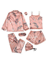 Load image into Gallery viewer, SheIn Women's 7pcs Pajama Set Cami Pjs with Shirt and Eye Mask Pink Crane Small