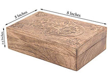 Load image into Gallery viewer, DharmaObjects Hamsa Hand of Fatima Hand Carved Jewelry Trinket Keepsake Wooden Storage Box (Fatima Hand, Large)