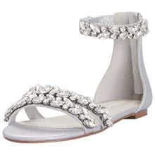 Load image into Gallery viewer, David's Bridal Jeweled Metallic Ankle Strap Flat Sandals Style Alessia, Silver Metallic, 6