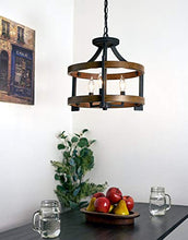 Load image into Gallery viewer, Kira Home Woodrow 15" 3-Light Industrial Farmhouse Semi Flush Convertible Pendant Light + Wood Style Metal Drum Shade, Textured Black + Walnut Style Finish