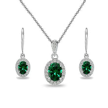 Load image into Gallery viewer, Sterling Silver Simulated Emerald & White Topaz Oval Halo Necklace & Leverback Earrings Set