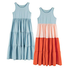 Load image into Gallery viewer, UNACOO Kids Girls 100% Cotton 2 Packs Sleeveless Long Maxi Tiered Dress (Age 3-12 Years) (Watermelon red+Green, xs(3-4Y))