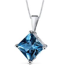 Load image into Gallery viewer, Peora London Blue Topaz Pendant in 14 Karat White Gold, Classic Solitaire, Princess Cut, 8mm, 3 Carats total