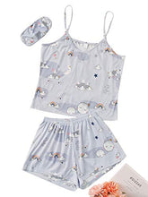 Load image into Gallery viewer, SheIn Women's Cute Cartoon Print Cami Top and Shorts Pajama Set with Eye Mask Grey Graphic X-Large