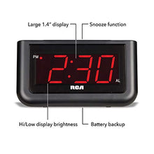 Load image into Gallery viewer, RCA Digital Alarm Clock - Large 1.4" LED Display with Brightness Control and Repeating Snooze, AC Powered – Compact, Reliable, Easy to Use Black