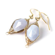 Load image into Gallery viewer, Natural Stone Wire Wrap Dangle Drop Earrings 14K Yellow Gold Plated 925 Sterling Silver Hook/Blue Lace Agate Cut 12mm
