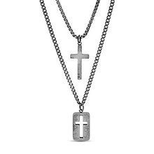 Load image into Gallery viewer, Steve Madden 28" Oxidized Stainless Steel Box and Curb Chain Cross Pendant and Dogtag Duo Necklace Set For Men