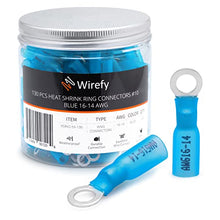 Load image into Gallery viewer, Wirefy 130 PCS Heat Shrink Ring Terminals #10 - Marine Grade Ring Connectors - Eyelet Wire Connectors - Blue 16-14 AWG