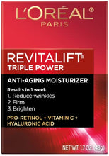 Load image into Gallery viewer, L’Oreal Paris Skincare Revitalift Triple Power Anti-Aging Face Moisturizer with Pro Retinol, Hyaluronic Acid & Vitamin C to reduce wrinkles, firm and brighten skin, 1.7 Oz