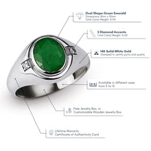 Load image into Gallery viewer, Blake’s 14K Solid White Gold Ring for Men with Green Emerald and 2 Diamond Accents, Men Fine Jewelry for Dad Men Gifts for Him, Men’s Jewelry (Size 5-15)