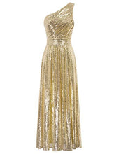 Load image into Gallery viewer, Kate Kasin Gold Sequined Evening Formal Gown One Shoulder Dress Formal, US10