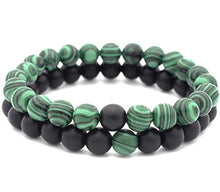 Load image into Gallery viewer, Set of 2 Womens Mens 8mm Handmade Couples Distance Beads Bracelets Friendship Couple Jewelry Round Energy Stone Beads Gemstone Beaded for Valentine Birthday (Malachite Stone & Black Matte Agate)