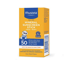 Load image into Gallery viewer, Mustela Baby Mineral Sunscreen Stick SPF 50 Broad Spectrum - Face & Body Sun Stick with 70% Organic Ingredients - Ultra Sheer, Water Resistant & Fragrance-Free - 0.6 oz.