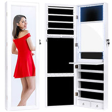 Load image into Gallery viewer, Best Choice Products Full Length Hanging Mirror Jewelry Armoire Cabinet, Makeup Storage Organizer, Wall Mounted, w/Interior Mirror, LED Lights, Lock, Cosmetics Tray, Brush Holders, 4 Shelves