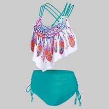 Load image into Gallery viewer, Youmymine Women Strappy Padded Swim Top Overlay Flounce Crisscross Tankini Feather Print Swimsuits (XXL, Green-A)