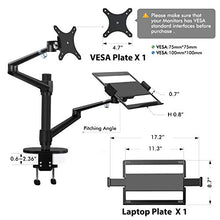 Load image into Gallery viewer, viozon Monitor and Laptop Mount, 2-in-1 Adjustable Dual Arm Desk Mounts Single Desk Arm Stand/Holder for 17 to 32 Inch LCD Computer Screens, Extra Tray Fits 12 to 17 inch Laptops (Black)