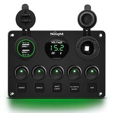 Load image into Gallery viewer, Nilight - 90125E 5 Gang Multi Function Rocker Switch Green Backlit Dual USB Charger + Digital Voltmeter +12V Outlet Pre-Wired Switch Panel with Inline Fuse for RVs Cars Boats Trucks Trailers