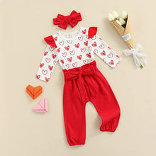 Load image into Gallery viewer, Newborn Baby Girl Valentine's Day Outfits Long Sleeve Ruffle Love Heart Print Romper Bow Pants with Headband Holiday Sets 0-24M (Red, 6-12 Months)