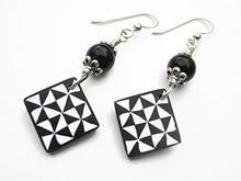 Load image into Gallery viewer, Pinwheel Quilt Block Earrings, Sterling Silver, Black Obsidian Quilters Jewelry, Limited Edition Polymer Clay HST