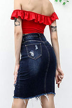 Load image into Gallery viewer, chouyatou Women's Bodycon Front Split Frayed Dark Washed Midi Denim Pencil Skirt (Medium, Dark Blue)