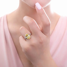 Load image into Gallery viewer, BERRICLE Rhodium Plated Sterling Silver Canary Yellow Cushion Cut Cubic Zirconia CZ Statement 3-Stone Cocktail Anniversary Fashion Right Hand Ring Size 7