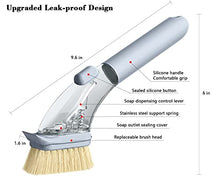 Load image into Gallery viewer, DAPOWER Soap Dispensing Dish Brush with Handle, Kitchen Washing Scrubber for Dishes Pots Pans Sink Cleaning, Natural Sisal Bristles, PET Bristles, Sponge Brush, 4 Replaceable Brush Heads (Grey)