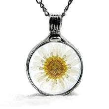 Load image into Gallery viewer, Artisan Made, Real Dry Pressed Daisy in Glass Pendant, Handmade Wildflower Jewelry, Boho Necklace April Birth Flower 2559m