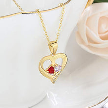 Load image into Gallery viewer, Love Jewelry Personalized 2 Names Necklace with 2 Heart Simulated Birthstone Couple Pendant Necklace for Women (Gold)