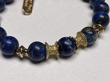Load image into Gallery viewer, Stunning lapis lazuli bracelet Yoga Jewelry wrist mala Fifth chakra Throat Chakra Big 10 mm unisex stretch bracelet | Energized chakra bracelet | w/zinc alloy gold plated spacers (Style-1)
