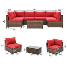 Load image into Gallery viewer, U-MAX 7 Pieces Patio Furniture Set, Brown Wicker Rattan Patio Conversation Sets, All-Weather Outdoor Combination Sofa with Glass Table and Cushion (Red)