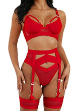Load image into Gallery viewer, Kaei&Shi Garter Belt Thong Lingerie for Women,Strappy Hollow Out Sexy Lingerie,Underwire Mesh Sheer Matching 4 Piece Lingerie Set Valentine Day Red Medium